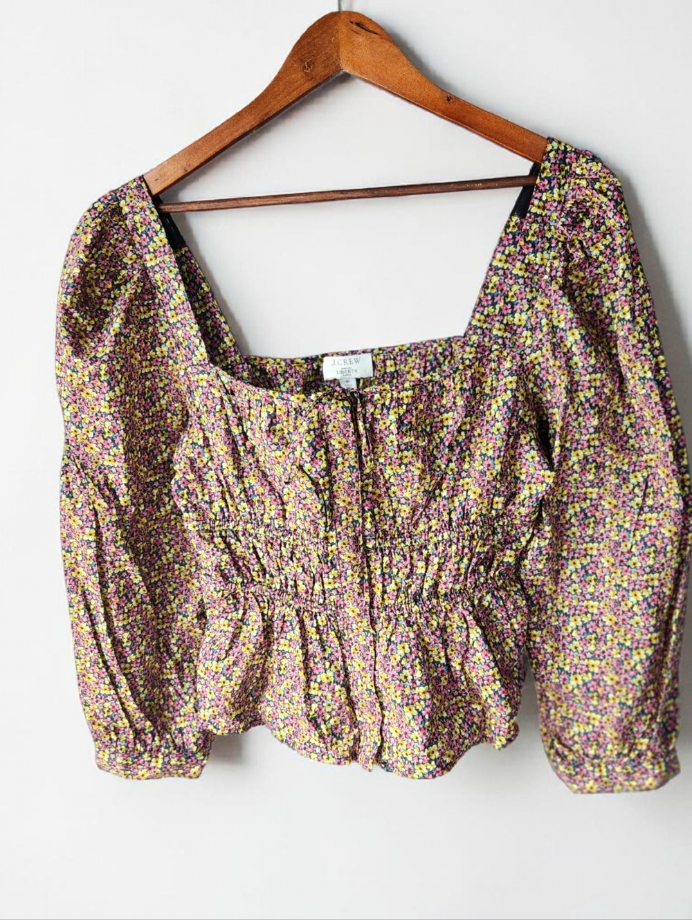 J Crew Organic Cinch Waist Cropped Liberty Busy Izzy Peasant Top Women 10 Floral